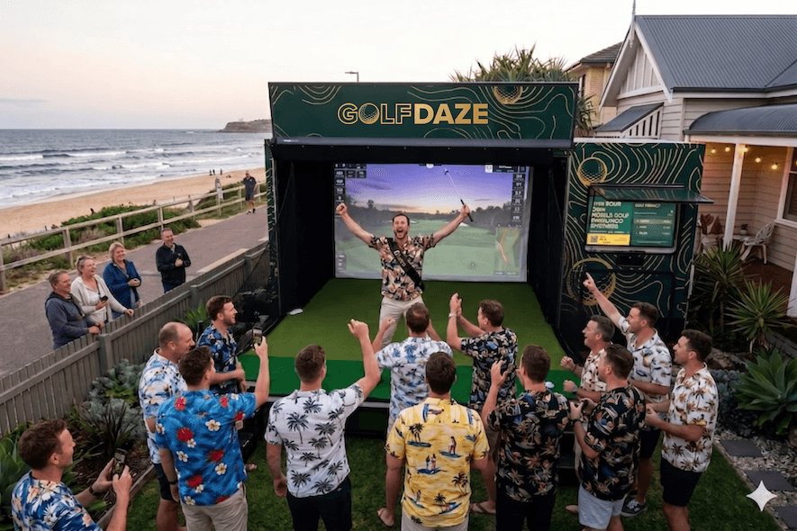 Bucks party group in colourful shirts celebrating around the Golf Daze simulator at a beachfront house in the evening