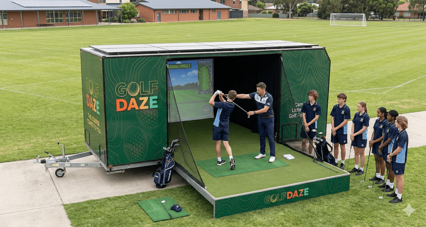 Students using Golf Daze simulator at a school golf program
