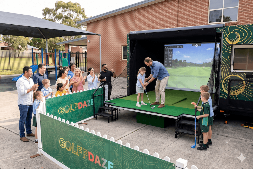 Students using Golf Daze simulator at a school golf program